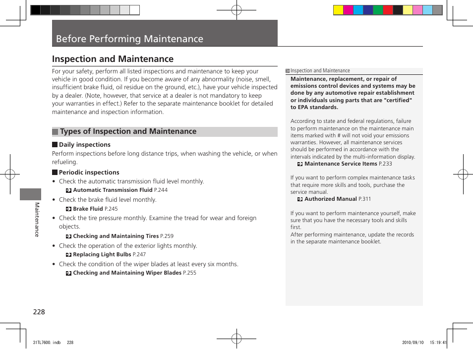 Before performing maintenance, Inspection and maintenance, Types of inspection and maintenance | Acura 2011 TSX Sport Wagon User Manual | Page 230 / 323