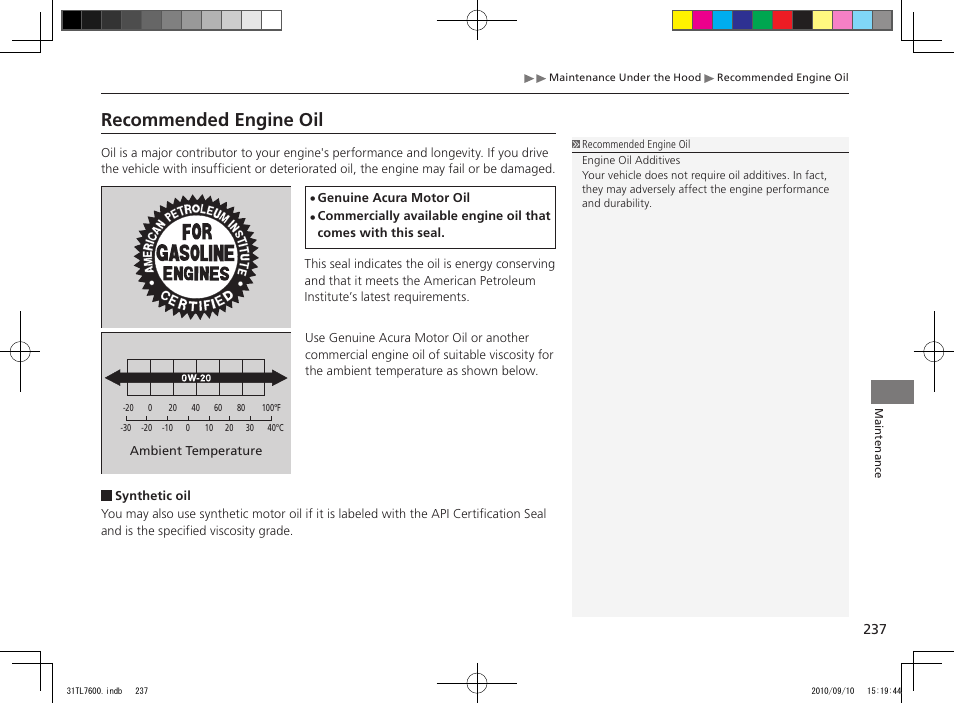 Recommended engine oil | Acura 2011 TSX Sport Wagon User Manual | Page 239 / 323