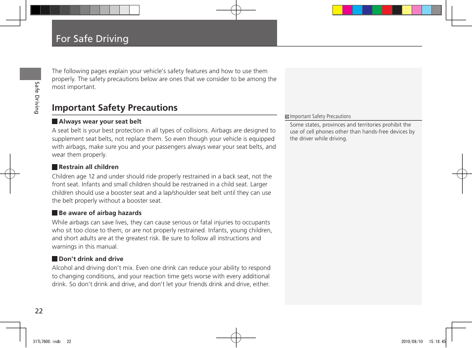 For safe driving, Important safety precautions | Acura 2011 TSX Sport Wagon User Manual | Page 24 / 323