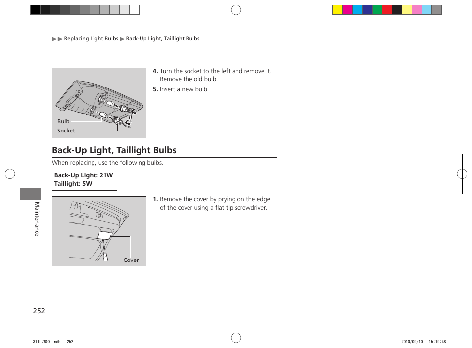 Back-up light, taillight bulbs | Acura 2011 TSX Sport Wagon User Manual | Page 254 / 323