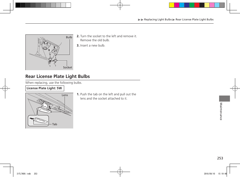 Rear license plate light bulbs | Acura 2011 TSX Sport Wagon User Manual | Page 255 / 323