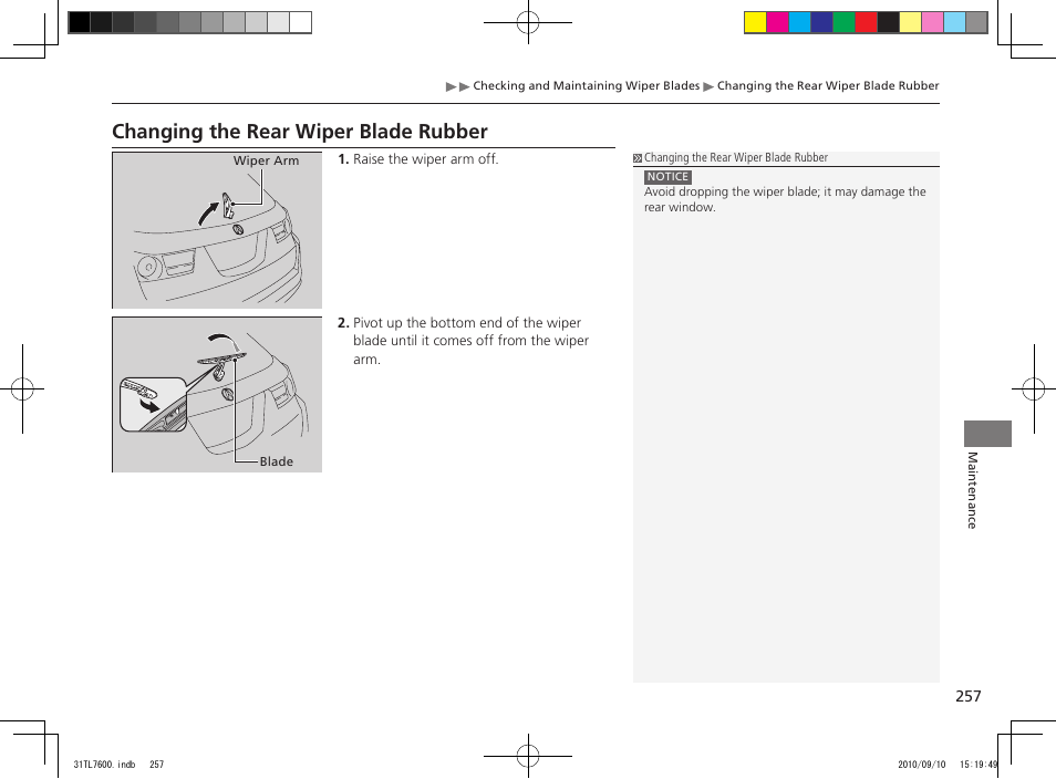 Changing the rear wiper blade rubber | Acura 2011 TSX Sport Wagon User Manual | Page 259 / 323