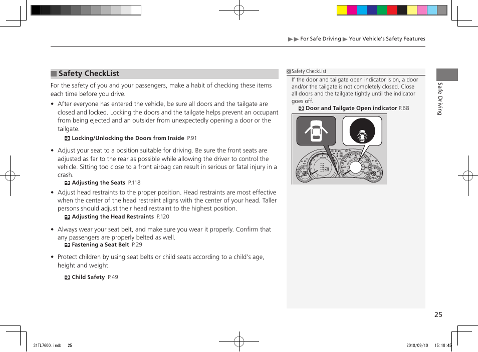 Safety checklist | Acura 2011 TSX Sport Wagon User Manual | Page 27 / 323