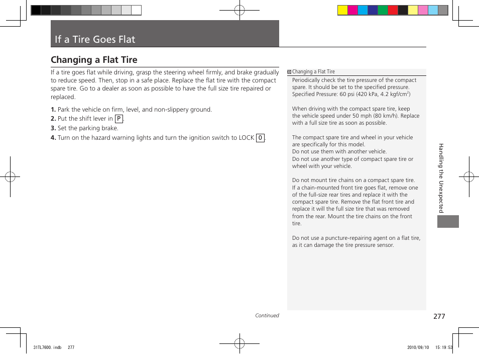 If a tire goes flat, Changing a flat tire | Acura 2011 TSX Sport Wagon User Manual | Page 279 / 323