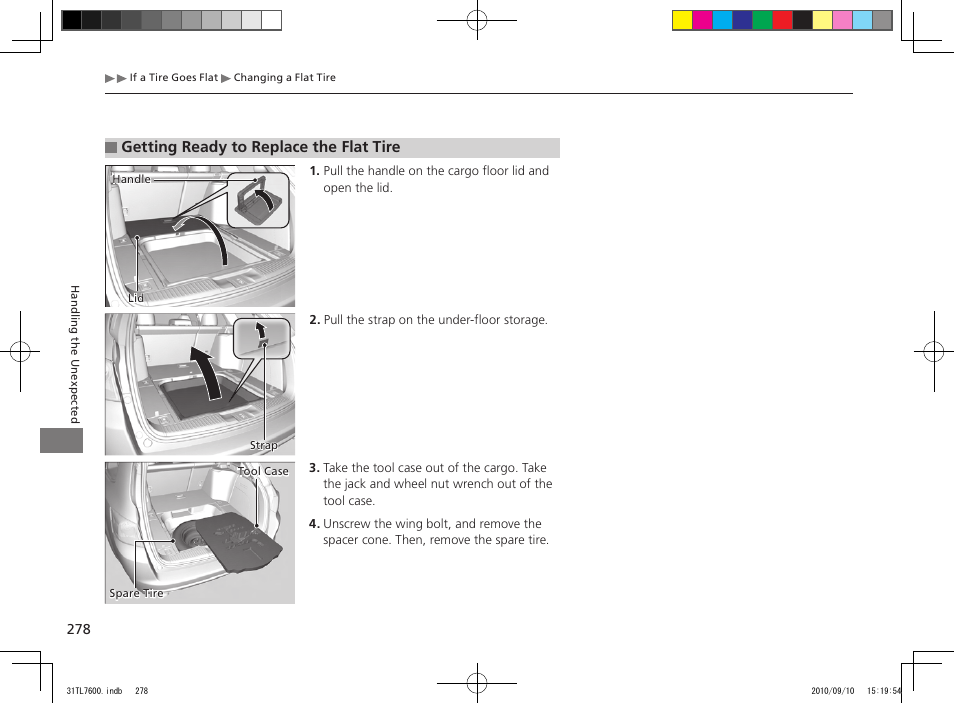 Getting ready to replace the flat tire | Acura 2011 TSX Sport Wagon User Manual | Page 280 / 323