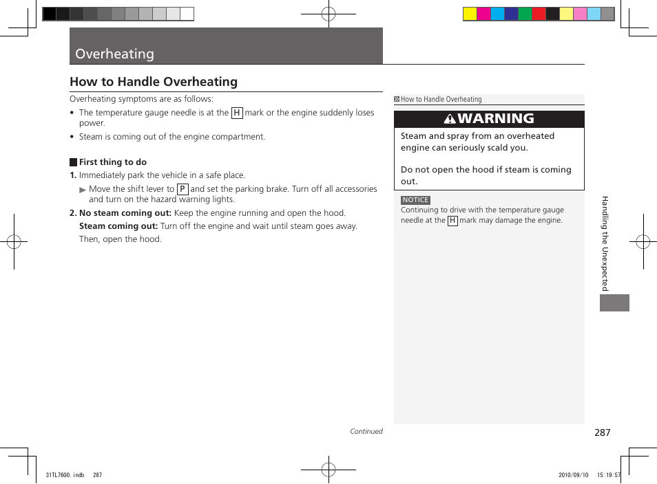 Overheating, Warning, How to handle overheating | Acura 2011 TSX Sport Wagon User Manual | Page 289 / 323