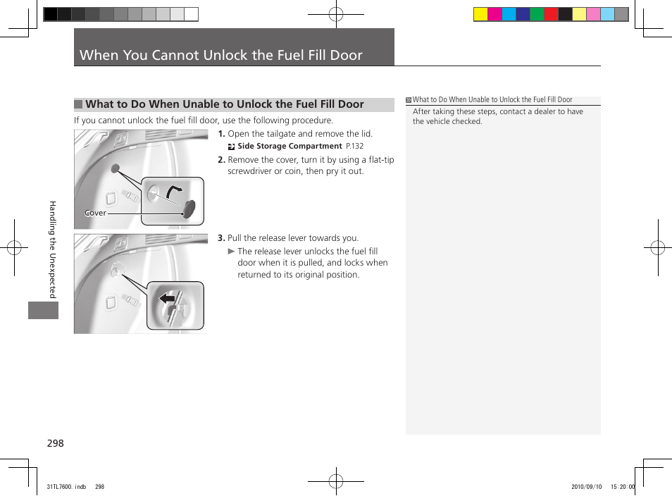 When you cannot unlock the fuel fill door | Acura 2011 TSX Sport Wagon User Manual | Page 300 / 323