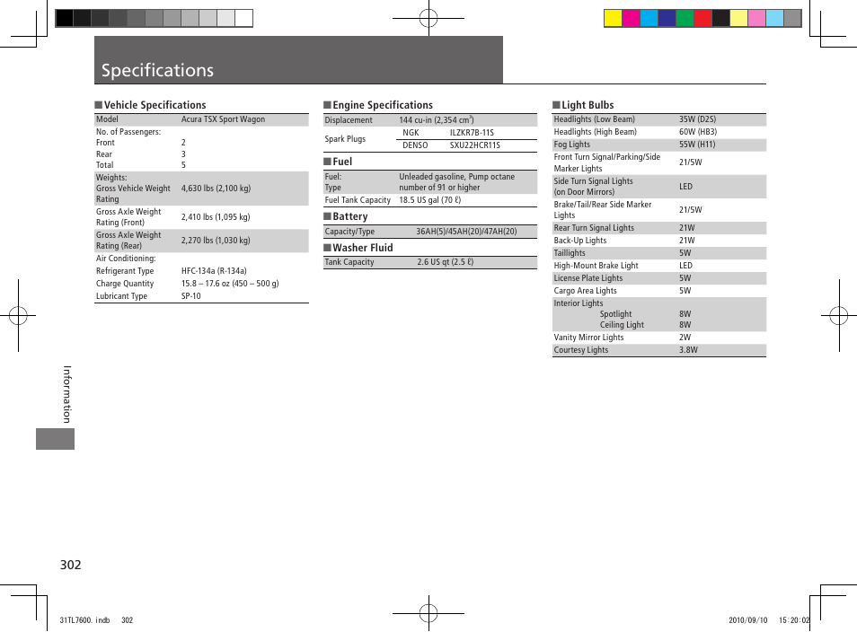 Specifications | Acura 2011 TSX Sport Wagon User Manual | Page 304 / 323