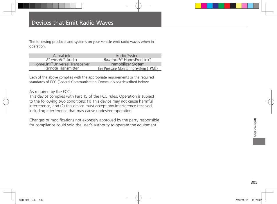 Devices that emit radio waves | Acura 2011 TSX Sport Wagon User Manual | Page 307 / 323