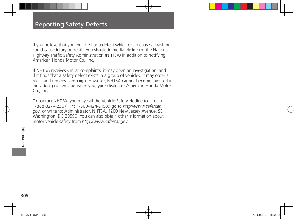Reporting safety defects | Acura 2011 TSX Sport Wagon User Manual | Page 308 / 323