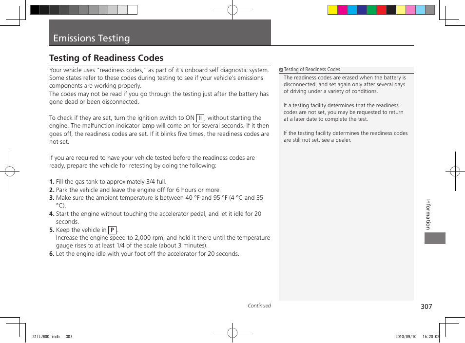 Emissions testing, Testing of readiness codes | Acura 2011 TSX Sport Wagon User Manual | Page 309 / 323