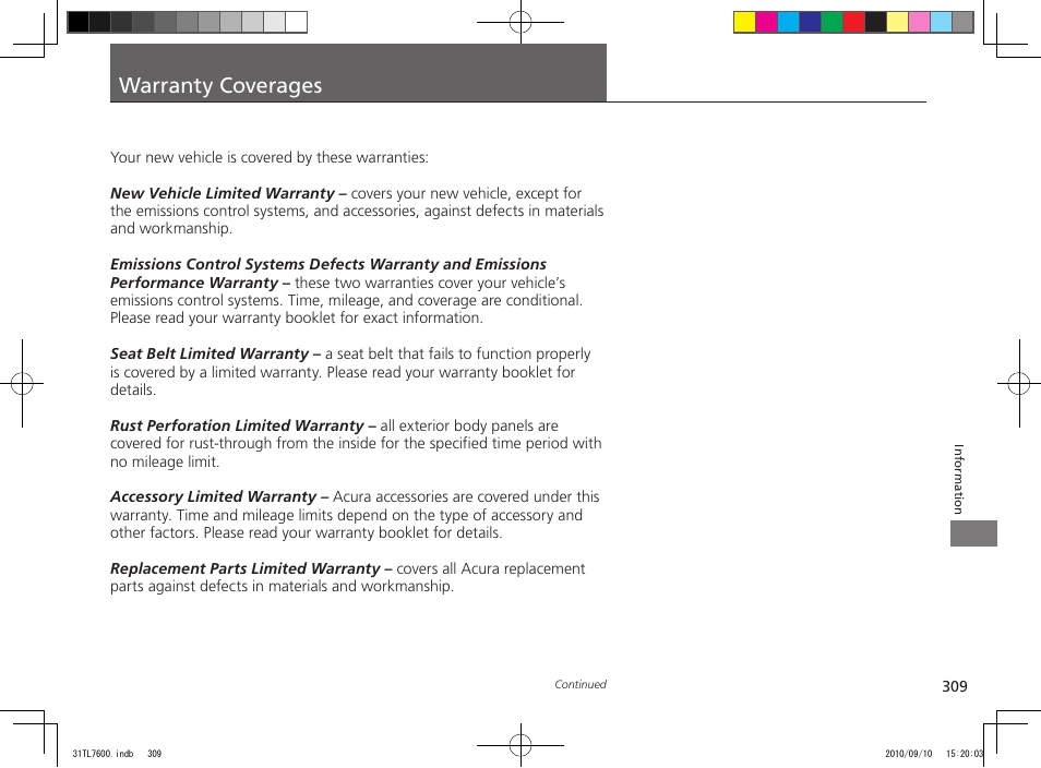 Warranty coverages | Acura 2011 TSX Sport Wagon User Manual | Page 311 / 323