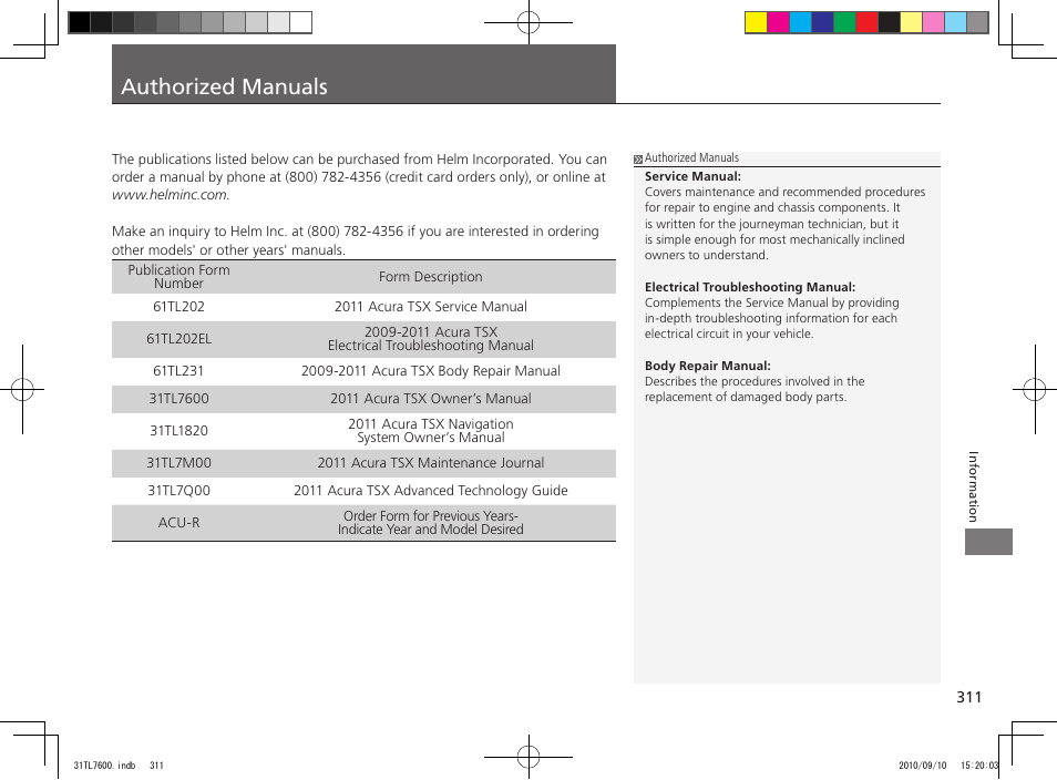 Authorized manuals | Acura 2011 TSX Sport Wagon User Manual | Page 313 / 323