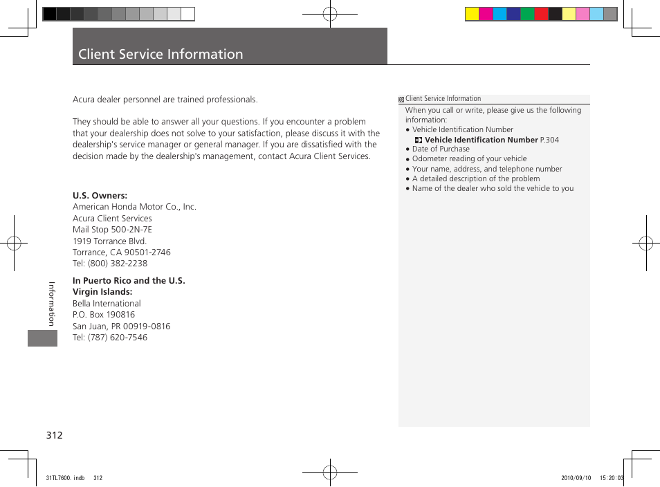 Client service information | Acura 2011 TSX Sport Wagon User Manual | Page 314 / 323