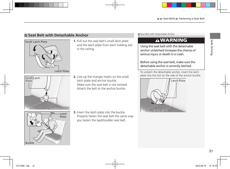 Warning, Seat belt with detachable anchor | Acura 2011 TSX Sport Wagon User Manual | Page 33 / 323