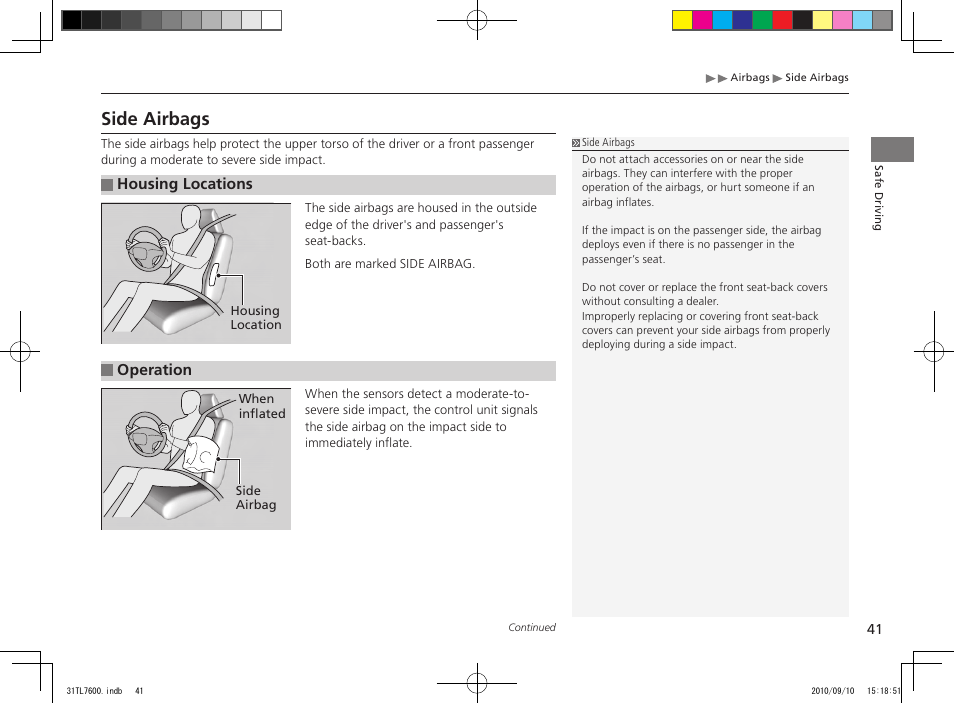 Side airbags | Acura 2011 TSX Sport Wagon User Manual | Page 43 / 323