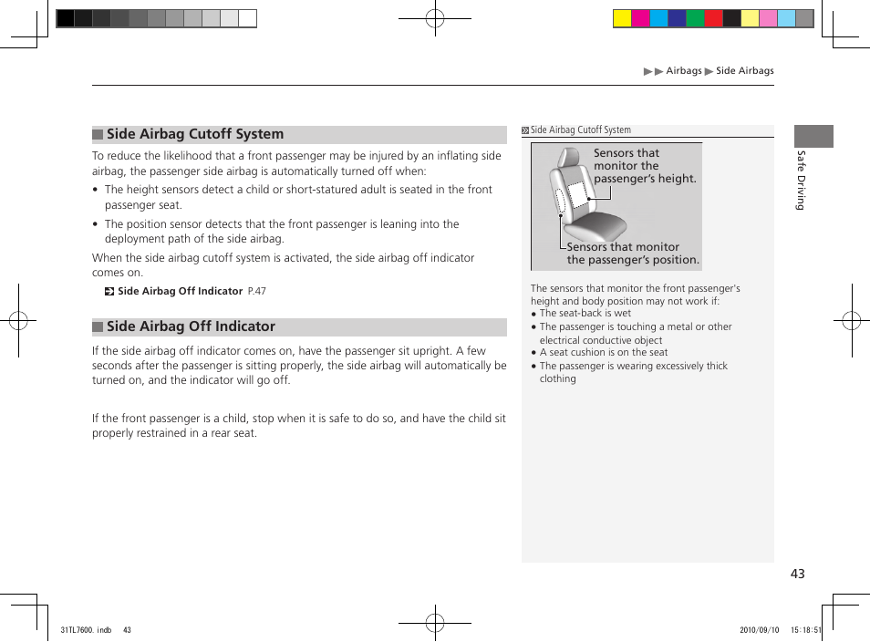 Side airbag cutoff system, Side airbag off indicator | Acura 2011 TSX Sport Wagon User Manual | Page 45 / 323