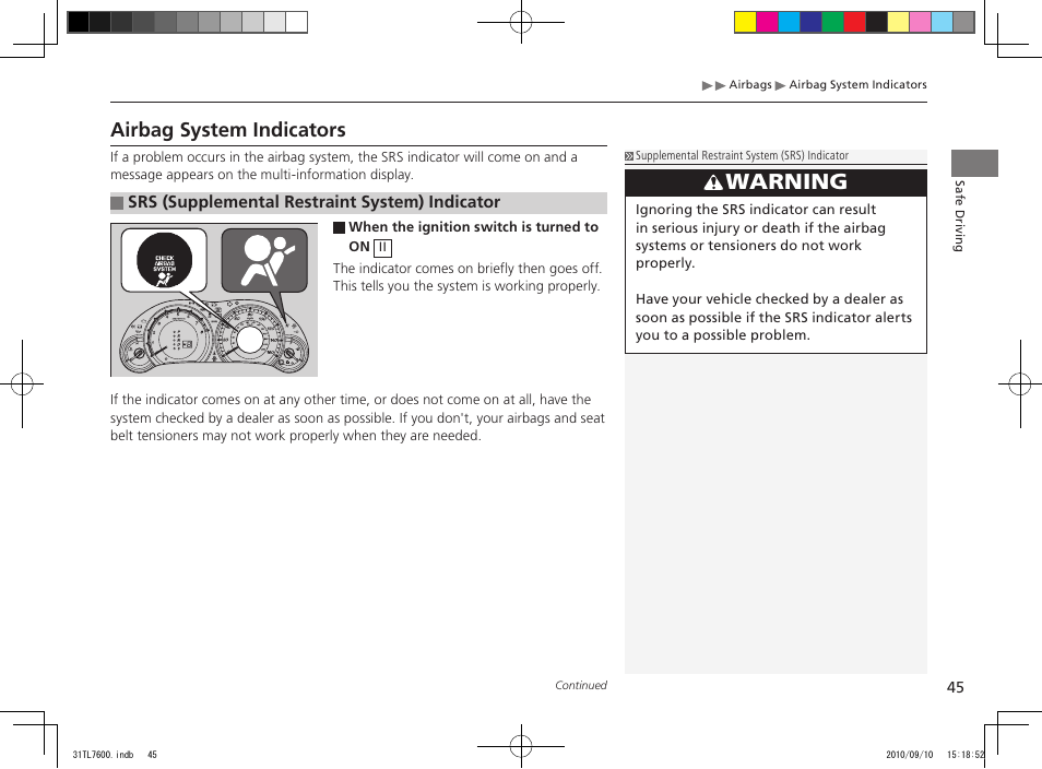 Warning, Airbag system indicators | Acura 2011 TSX Sport Wagon User Manual | Page 47 / 323