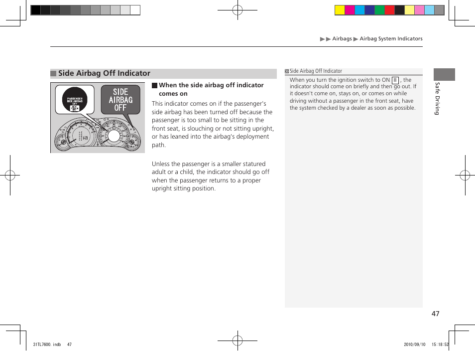 Side airbag off indicator | Acura 2011 TSX Sport Wagon User Manual | Page 49 / 323
