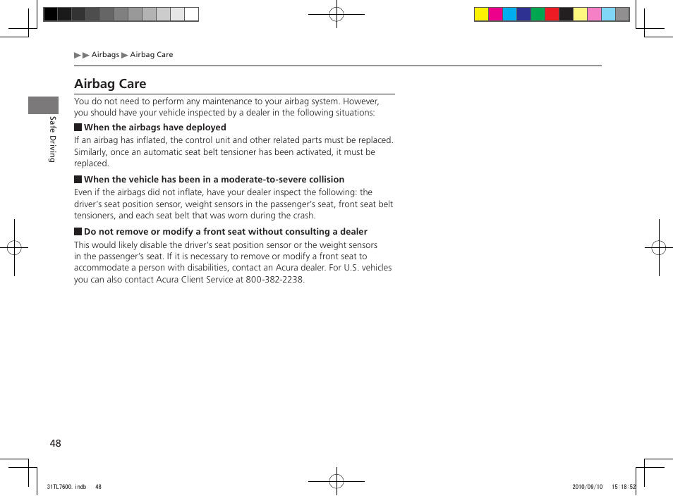 Airbag care | Acura 2011 TSX Sport Wagon User Manual | Page 50 / 323