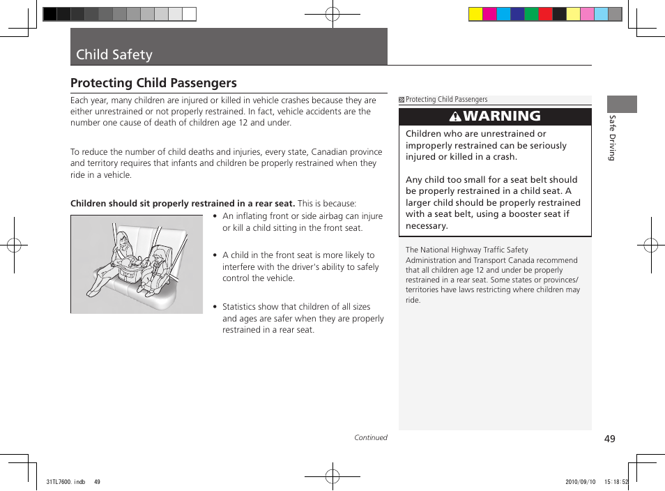 Child safety, Warning, Protecting child passengers | Acura 2011 TSX Sport Wagon User Manual | Page 51 / 323