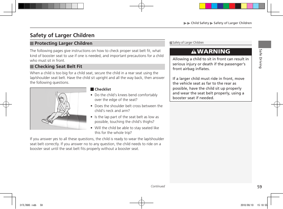 Warning, Safety of larger children | Acura 2011 TSX Sport Wagon User Manual | Page 61 / 323