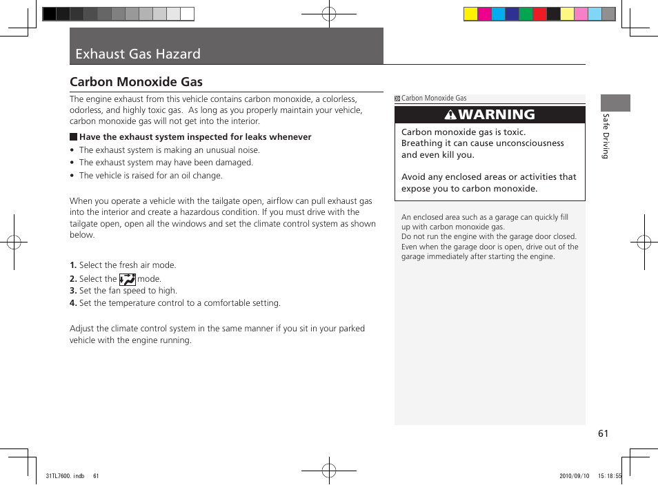 Exhaust gas hazard, Warning, Carbon monoxide gas | Acura 2011 TSX Sport Wagon User Manual | Page 63 / 323