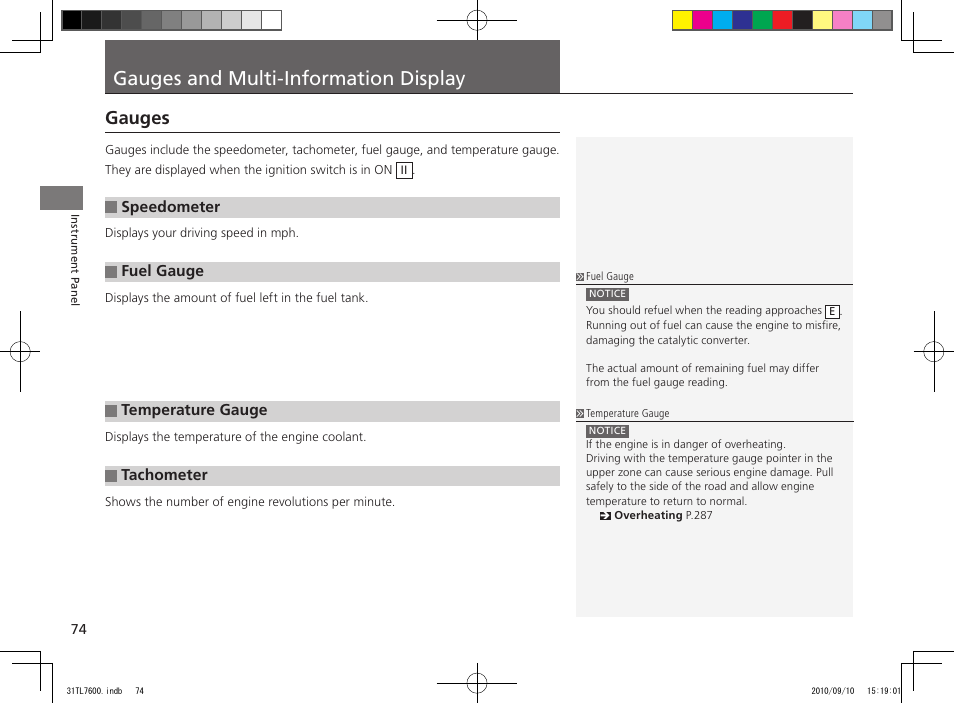 Gauges and multi-information display, Gauges | Acura 2011 TSX Sport Wagon User Manual | Page 76 / 323