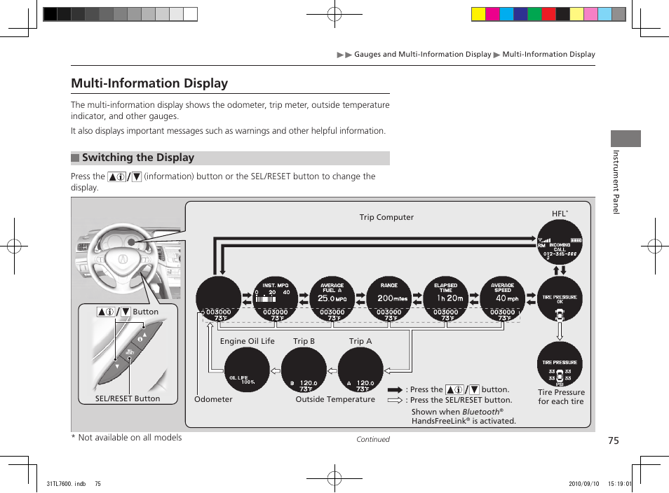 Multi-information display, Switching the display | Acura 2011 TSX Sport Wagon User Manual | Page 77 / 323