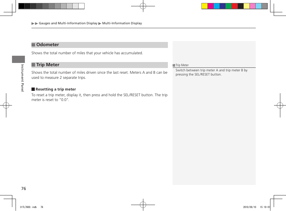 Odometer, Trip meter | Acura 2011 TSX Sport Wagon User Manual | Page 78 / 323