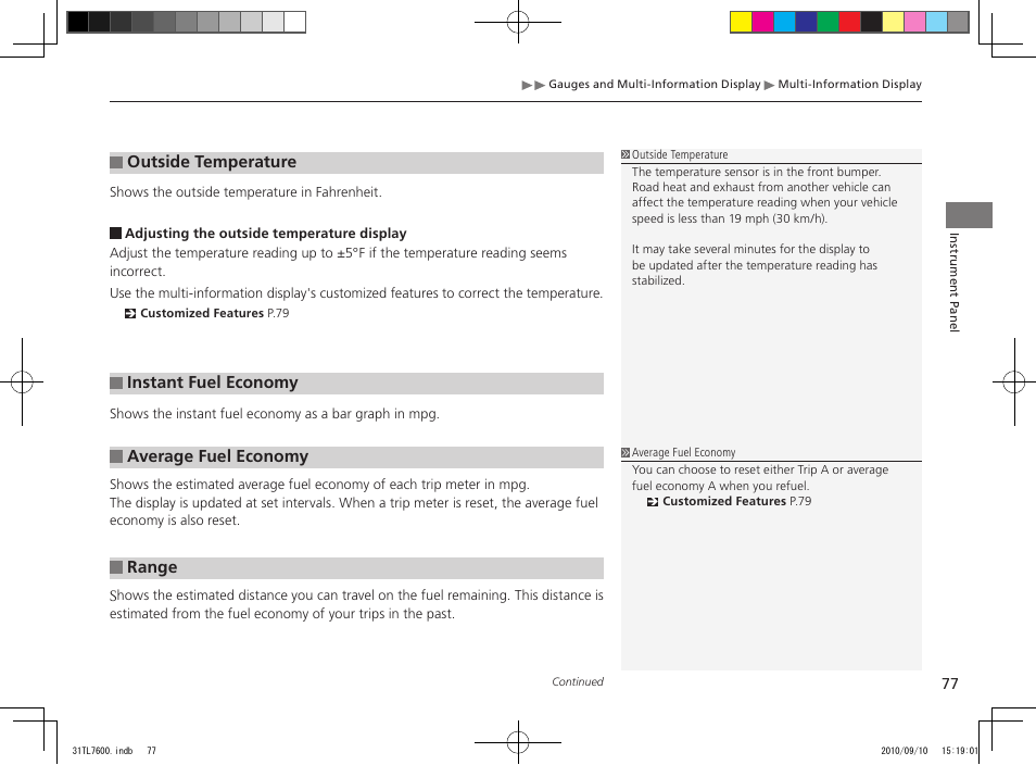 Outside temperature, Instant fuel economy, Average fuel economy | Range | Acura 2011 TSX Sport Wagon User Manual | Page 79 / 323