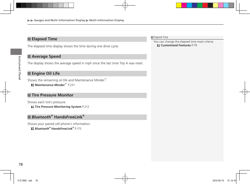 Elapsed time, Average speed, Engine oil life | Tire pressure monitor, Bluetooth, Handsfreelink | Acura 2011 TSX Sport Wagon User Manual | Page 80 / 323