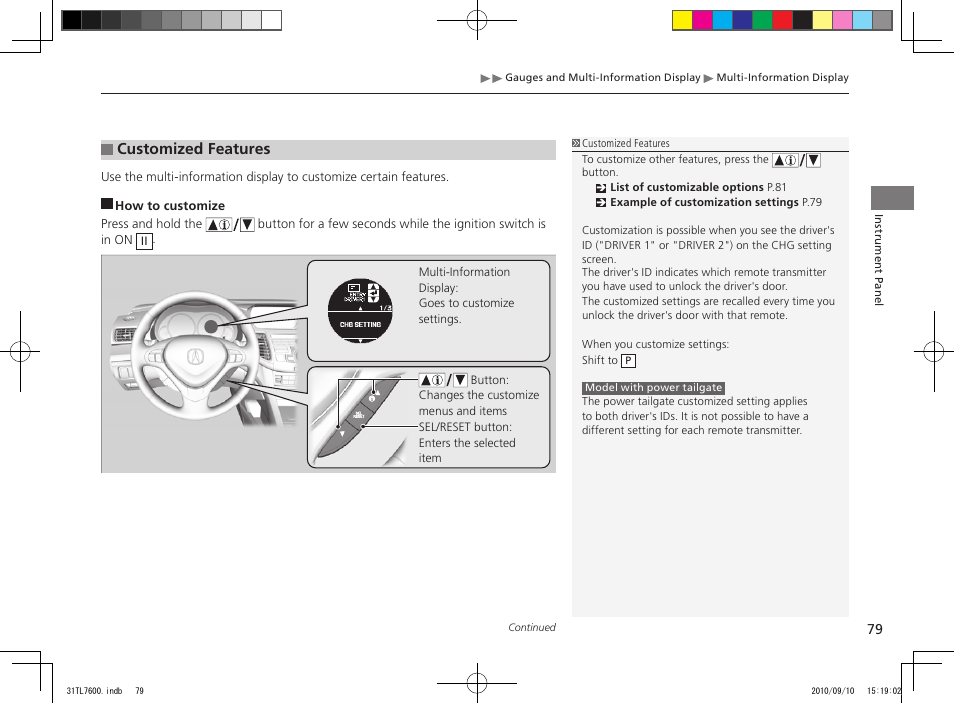 Customized features | Acura 2011 TSX Sport Wagon User Manual | Page 81 / 323