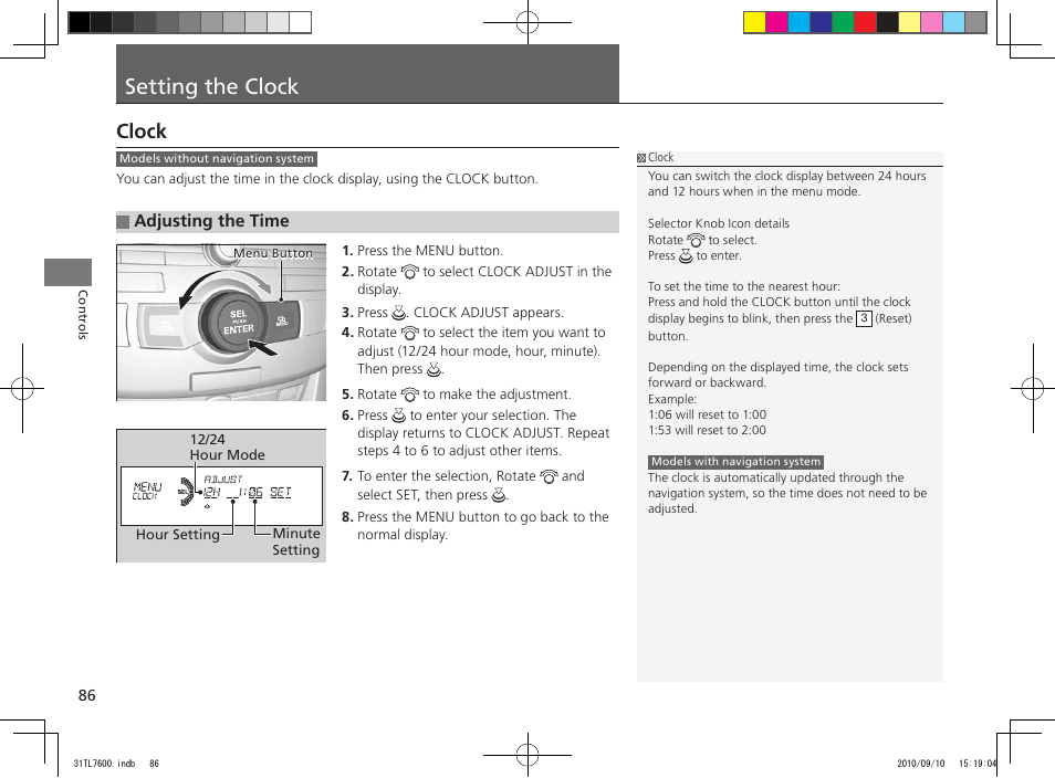 Setting the clock, Clock | Acura 2011 TSX Sport Wagon User Manual | Page 88 / 323