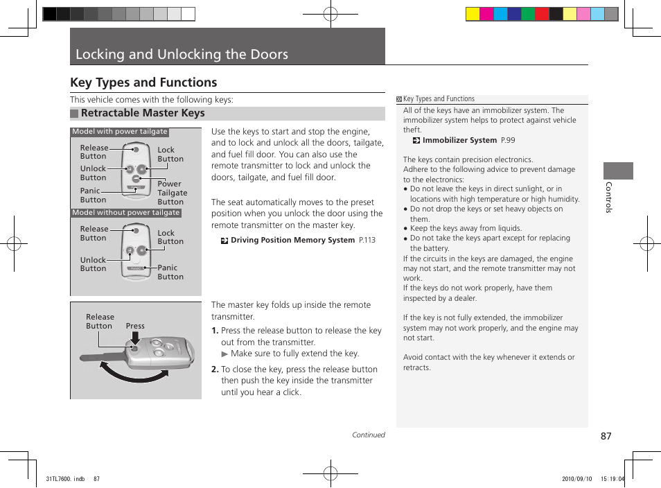 Locking and unlocking the doors, Key types and functions, Retractable master keys | Acura 2011 TSX Sport Wagon User Manual | Page 89 / 323