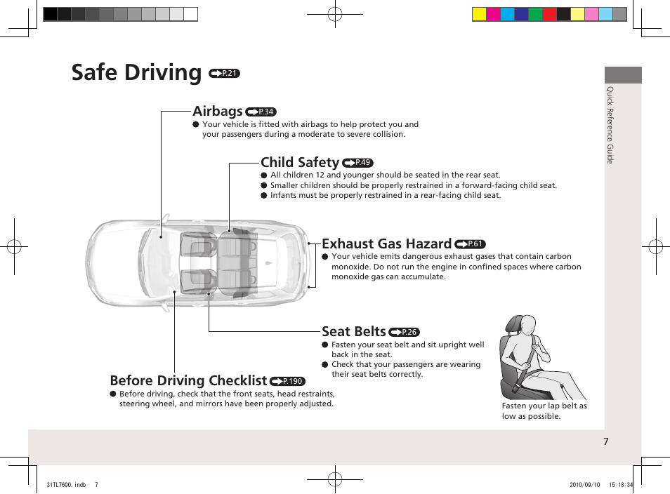 Safe driving, Before driving checklist, Airbags | Seat belts, Child safety, Exhaust gas hazard | Acura 2011 TSX Sport Wagon User Manual | Page 9 / 323