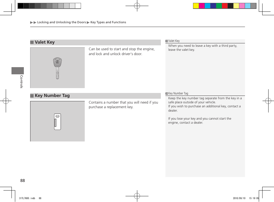 Key number tag, Valet key | Acura 2011 TSX Sport Wagon User Manual | Page 90 / 323