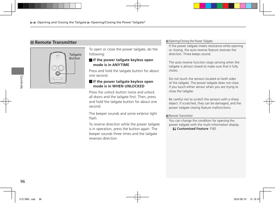 Remote transmitter | Acura 2011 TSX Sport Wagon User Manual | Page 98 / 323