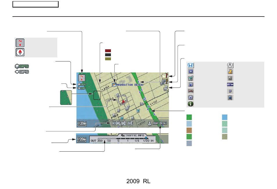 Getting started, 2009 rl, Map screen legend | Acura 2009 RL Navigation User Manual | Page 20 / 173