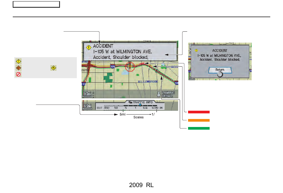 Getting started, 2009 rl, Traffic display legend | Acura 2009 RL Navigation User Manual | Page 22 / 173