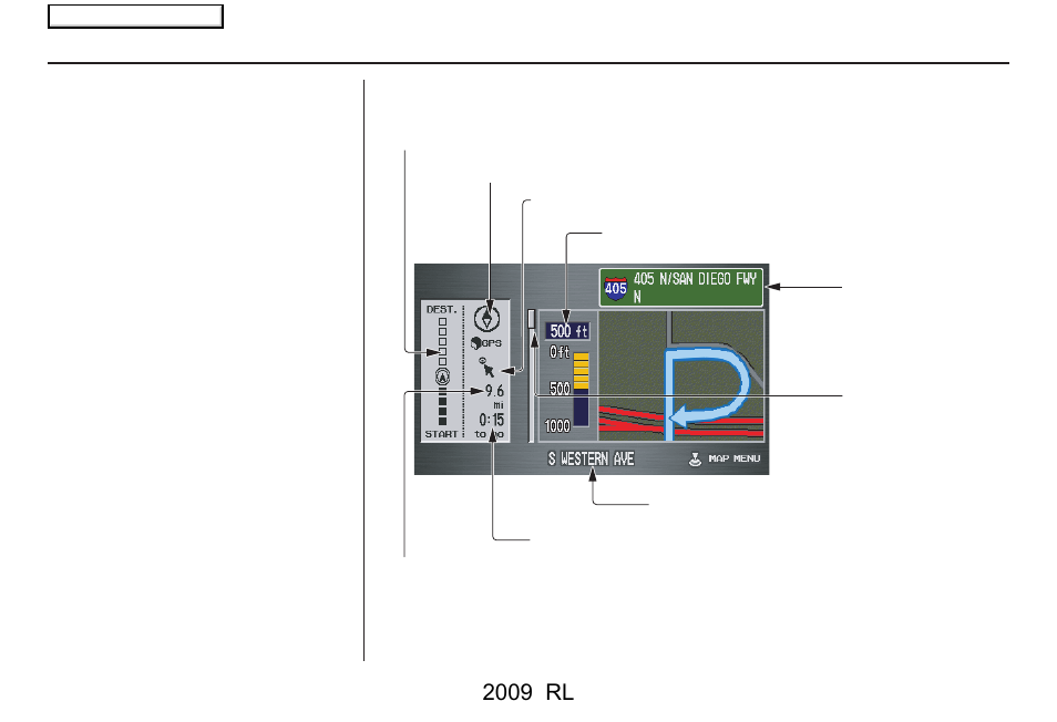 Driving to your destination, 2009 rl, Guidance screen | Acura 2009 RL Navigation User Manual | Page 57 / 173