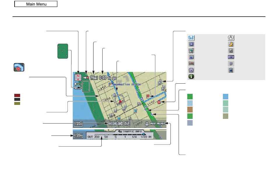 Driving to your destination, 2010 rdx, Map screen legend | Acura 2010 RDX Navigation User Manual | Page 56 / 175