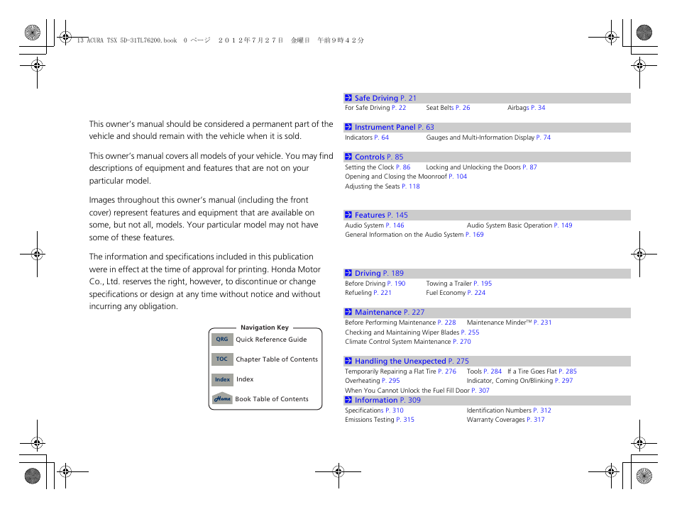 Acura 2013 TSX Sport Wagon User Manual | 329 pages