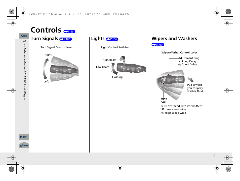 Controls (p 85), Controls, Turn signals | Lights, Wipers and washers | Acura 2013 TSX Sport Wagon User Manual | Page 10 / 329