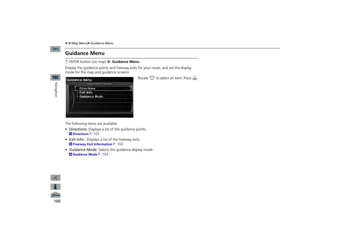 Guidance menu, 2 guidance menu, P. 100 | Acura 2013 TSX Navigation User Manual | Page 101 / 252