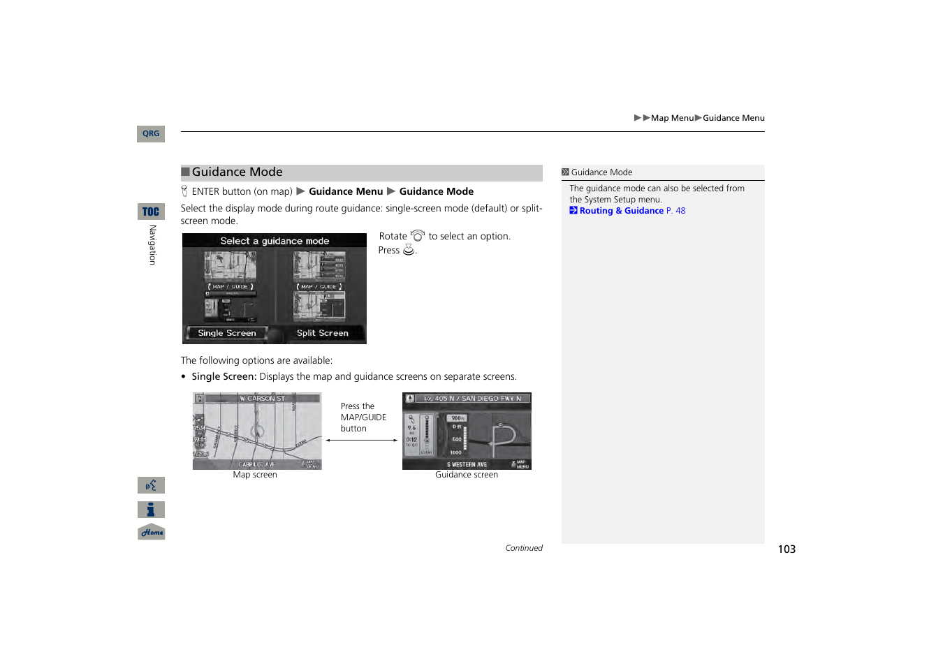 P103), 2 guidance mode, P. 103 | 2 guidance mode p. 103 | Acura 2013 TSX Navigation User Manual | Page 104 / 252