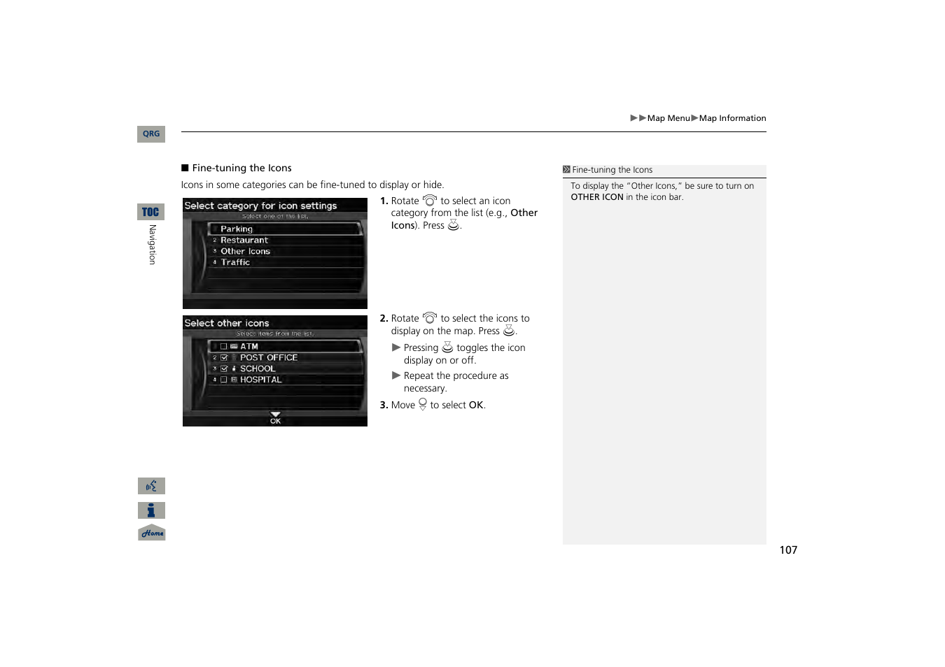 2 fine-tuning the icons, P. 107 | Acura 2013 TSX Navigation User Manual | Page 108 / 252