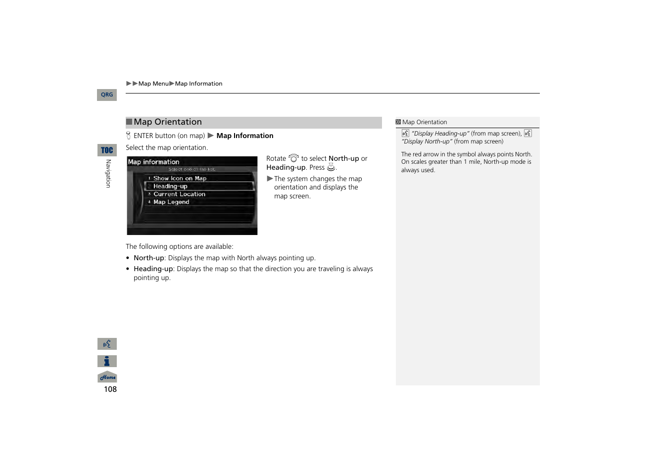 P108), 2 map orientation, P. 108 | Acura 2013 TSX Navigation User Manual | Page 109 / 252