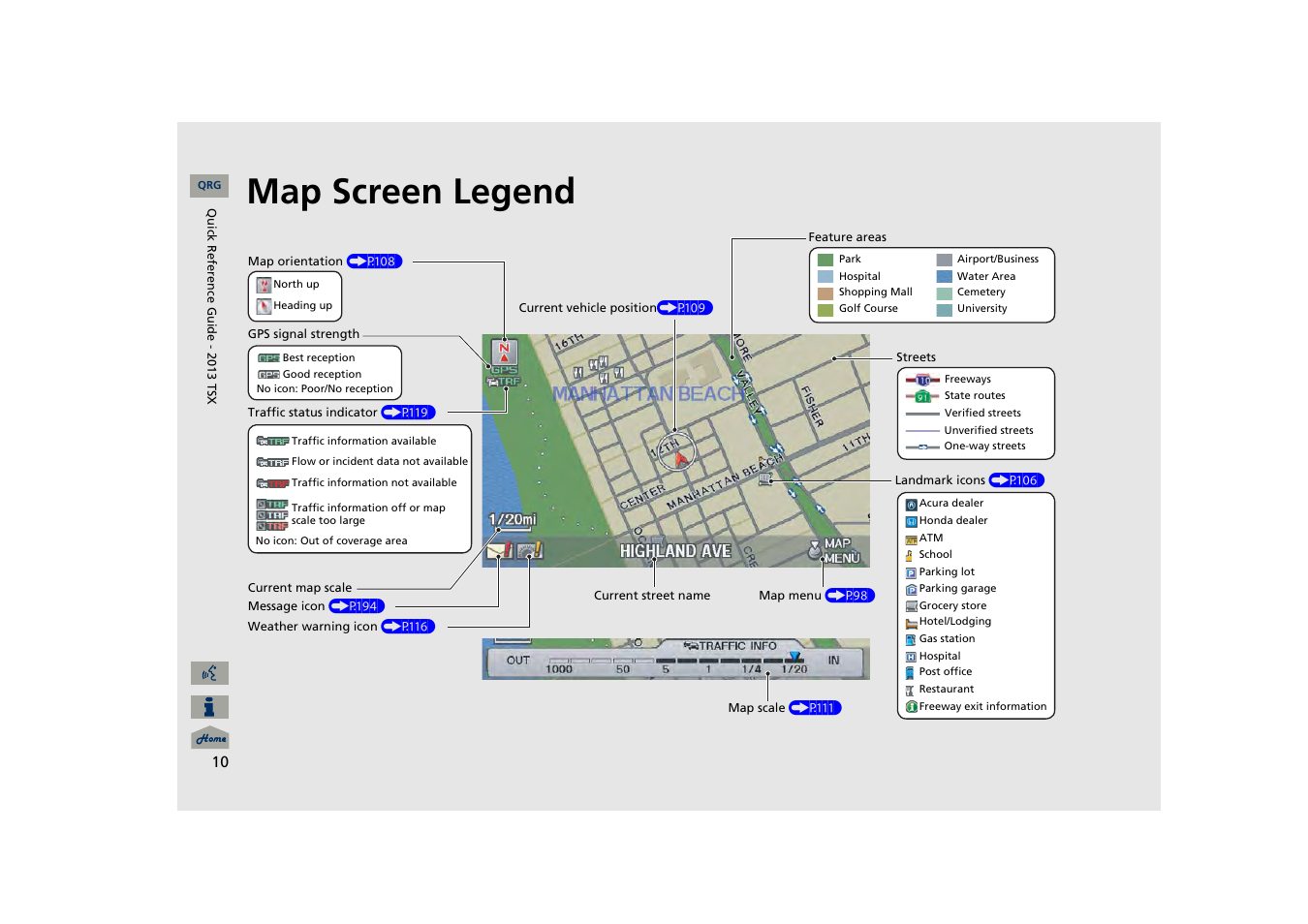 Map screen legend | Acura 2013 TSX Navigation User Manual | Page 11 / 252