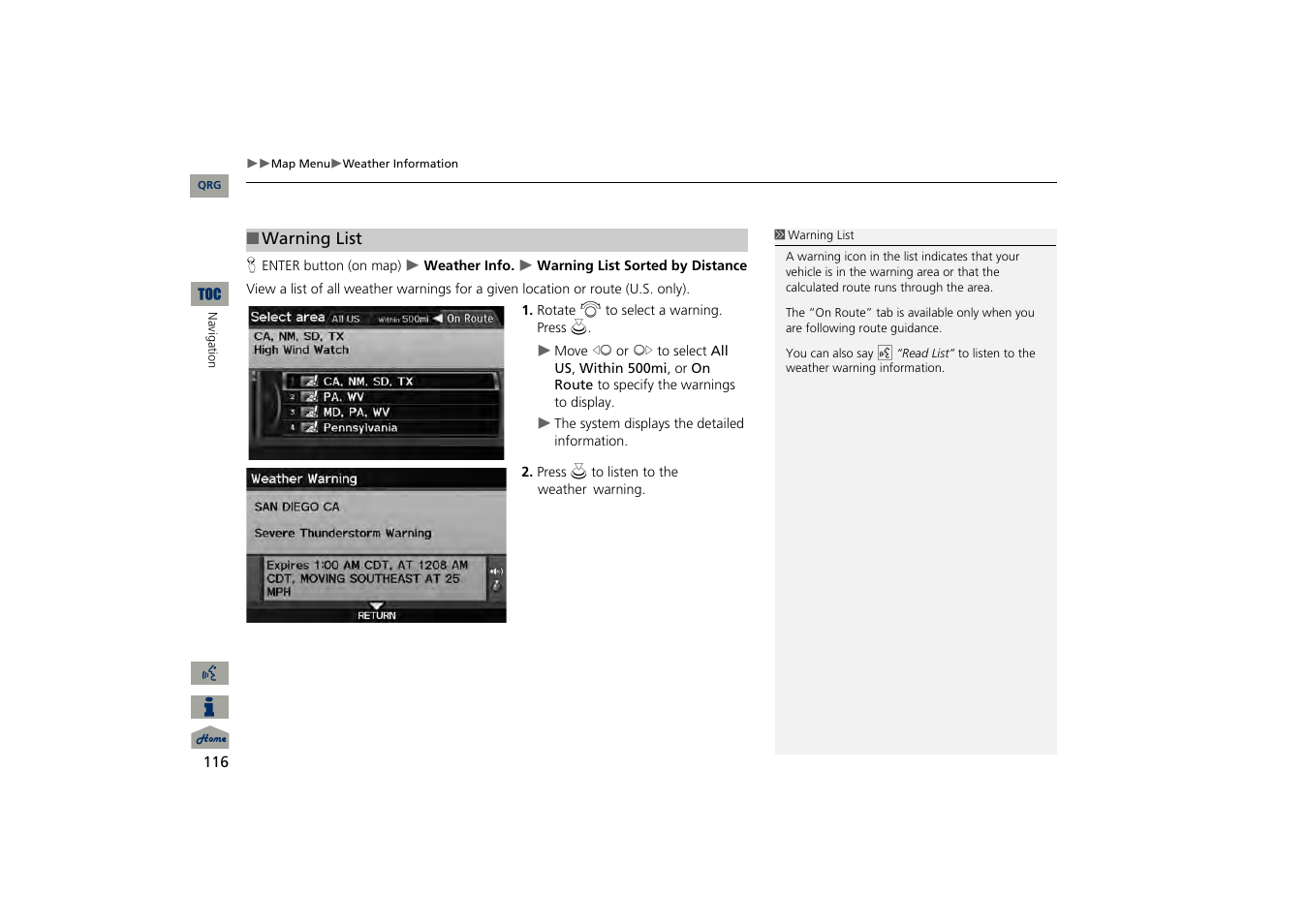 P116), 2 warning list, P. 116 | Acura 2013 TSX Navigation User Manual | Page 117 / 252